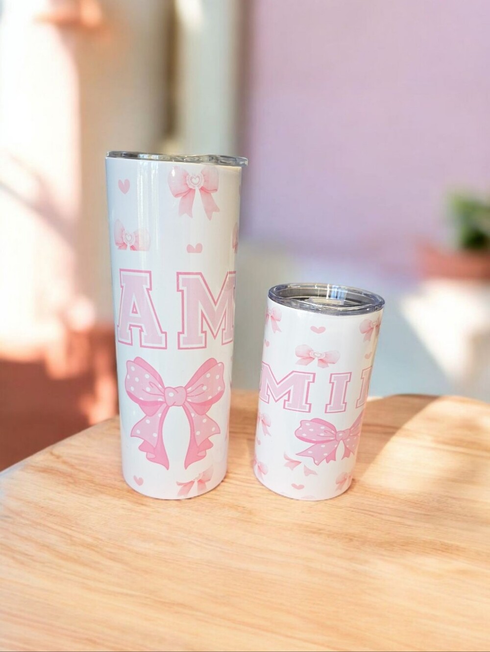 Mama And Mini Pink Bow Pattern Stainless Tumbler - White & Pink 20 Oz And 12 Oz